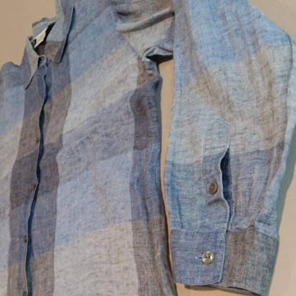VTG Doncaster Blouse Women's 14 100% Linen Blue Plaid Button Down Sheer Top - Picture 7 of 11